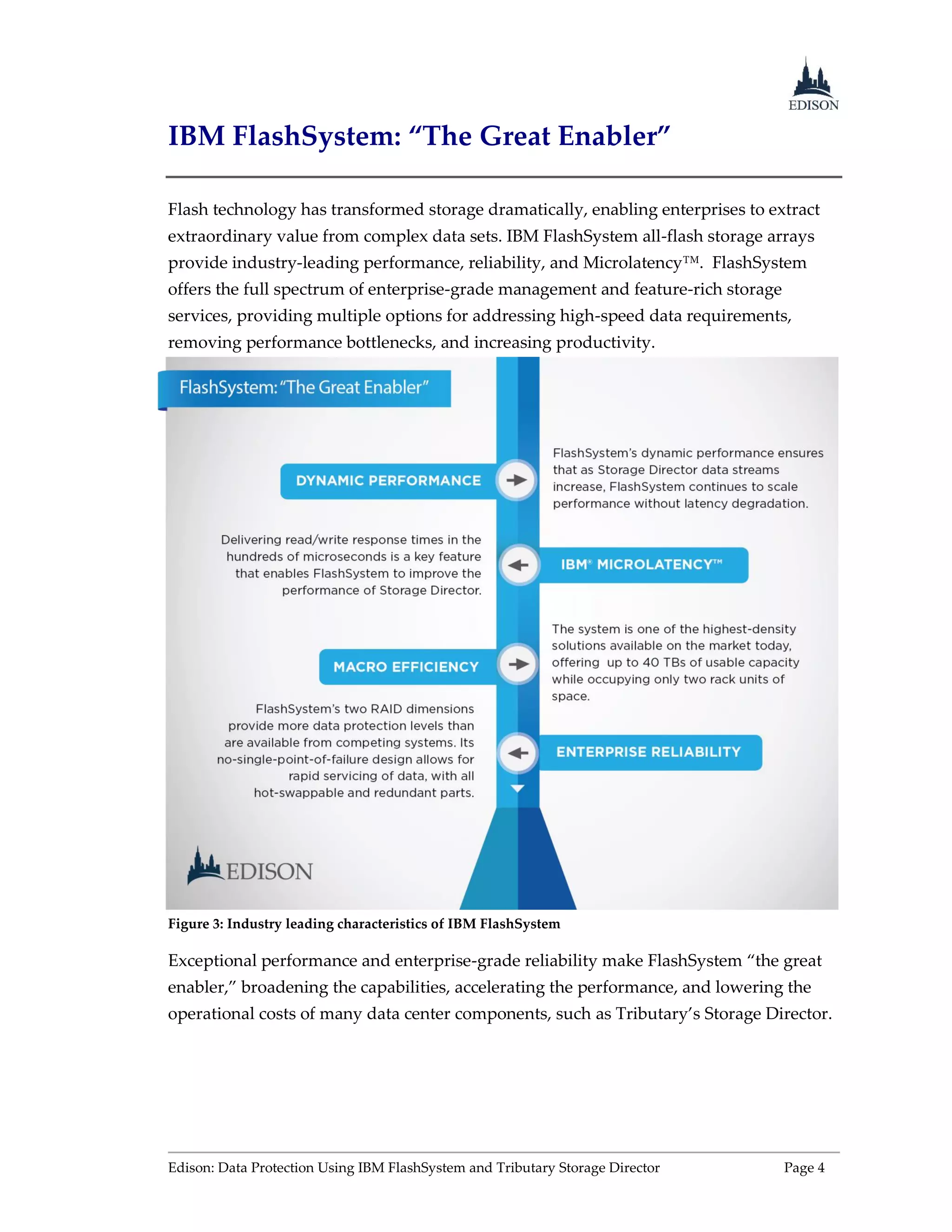 Edison: Data Protection Using IBM FlashSystem and Tributary Storage Director Page 4
IBM FlashSystem: “The Great Enabler”
Flash technology has transformed storage dramatically, enabling enterprises to extract
extraordinary value from complex data sets. IBM FlashSystem all-flash storage arrays
provide industry-leading performance, reliability, and Microlatency™. FlashSystem
offers the full spectrum of enterprise-grade management and feature-rich storage
services, providing multiple options for addressing high-speed data requirements,
removing performance bottlenecks, and increasing productivity.
Figure 3: Industry leading characteristics of IBM FlashSystem
Exceptional performance and enterprise-grade reliability make FlashSystem “the great
enabler,” broadening the capabilities, accelerating the performance, and lowering the
operational costs of many data center components, such as Tributary’s Storage Director.
 