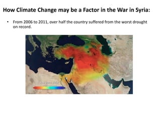 How Climate Change may be a Factor in the War in Syria:
• From 2006 to 2011, over half the country suffered from the worst drought
on record.
 