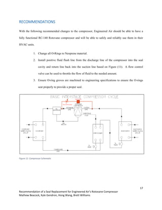 17
Recommendation of a Seal Replacement for Engineered Air’s Rotovane Compressor
Mathew Beacock, Kyle Gendron, Hong Wang, Brett Williams
RECOMMENDATIONS
With the following recommended changes to the compressor, Engineered Air should be able to have a
fully functional RC-140 Rotovane compressor and will be able to safely and reliably use them in their
HVAC units.
1. Change all O-Rings to Neoprene material.
2. Install positive fluid flush line from the discharge line of the compressor into the seal
cavity and return line back into the suction line based on Figure (11). A flow control
valve can be used to throttle the flow of fluid to the needed amount.
3. Ensure O-ring groves are machined to engineering specifications to ensure the O-rings
seat properly to provide a proper seal.
Figure 11: Compressor Schematic
 