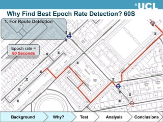 Why Find Best Epoch Rate Detection? 60S
1. For Route Detection




   Epoch rate =
   60
   20 Seconds




   Background            Why?   Test   Analysis   Conclusions
 