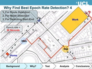 Why Find Best Epoch Rate Detection? 4
1. For Route Detection
2. For Mode Detection
3. For Detecting Start-End                        Work


   Epoch rate =
   60 Seconds



                  Walk


                                          Bus

      Home



   Background            Why?   Test   Analysis     Conclusions
 