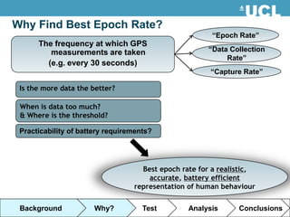 Why Find Best Epoch Rate?
                                                       “Epoch Rate”
      The frequency at which GPS
         measurements are taken                       “Data Collection
                                                           Rate”
        (e.g. every 30 seconds)
                                                       “Capture Rate”

 Is the more data the better?

 When is data too much?
 & Where is the threshold?

 Practicability of battery requirements?




                                    Best epoch rate for a realistic,
                                      accurate, battery efficient
                                  representation of human behaviour


 Background            Why?          Test        Analysis      Conclusions
 