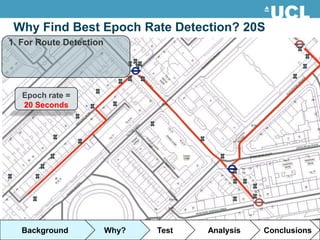 Why Find Best Epoch Rate Detection? 20S
1. For Route Detection




   Epoch rate =
   20
   10 Seconds




   Background            Why?   Test   Analysis   Conclusions
 