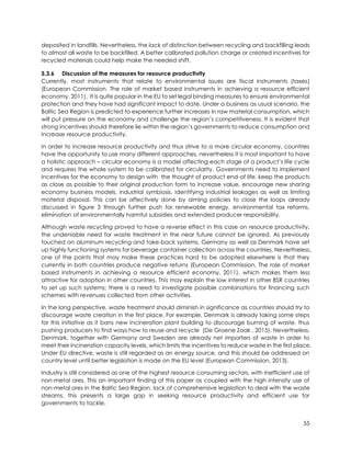 55
deposited in landfills. Nevertheless, the lack of distinction between recycling and backfilling leads
to almost all waste to be backfilled. A better calibrated pollution charge or created incentives for
recycled materials could help make the needed shift.
5.3.6 Discussion of the measures for resource productivity
Currently, most instruments that relate to environmental issues are fiscal instruments (taxes)
(European Commission, The role of market based instruments in achieving a resource efficient
economy, 2011). It is quite popular in the EU to set legal binding measures to ensure environmental
protection and they have had significant impact to date. Under a business as usual scenario, the
Baltic Sea Region is predicted to experience further increases in raw material consumption, which
will put pressure on the economy and challenge the region’s competitiveness. It is evident that
strong incentives should therefore lie within the region’s governments to reduce consumption and
increase resource productivity.
In order to increase resource productivity and thus strive to a more circular economy, countries
have the opportunity to use many different approaches, nevertheless it is most important to have
a holistic approach – circular economy is a model affecting each stage of a product’s life cycle
and requires the whole system to be calibrated for circularity. Governments need to implement
incentives for the economy to design with the thought of product end-of life, keep the products
as close as possible to their original production form to increase value, encourage new sharing
economy business models, industrial symbiosis, identifying industrial leakages as well as limiting
material disposal. This can be affectively done by aiming policies to close the loops already
discussed in figure 3 through further push for renewable energy, environmental tax reforms,
elimination of environmentally harmful subsidies and extended producer responsibility.
Although waste recycling proved to have a reverse effect in this case on resource productivity,
the undeniable need for waste treatment in the near future cannot be ignored. As previously
touched on aluminum recycling and take-back systems, Germany as well as Denmark have set
up highly functioning systems for beverage container collection across the countries. Nevertheless,
one of the points that may make these practices hard to be adopted elsewhere is that they
currently in both countries produce negative returns (European Commission, The role of market
based instruments in achieving a resource efficient economy, 2011), which makes them less
attractive for adoption in other countries. This may explain the low interest in other BSR countries
to set up such systems; there is a need to investigate possible combinations for financing such
schemes with revenues collected from other activities.
In the long perspective, waste treatment should diminish in significance as countries should try to
discourage waste creation in the first place. For example, Denmark is already taking some steps
for this initiative as it bans new incineration plant building to discourage burning of waste, thus
pushing producers to find ways how to reuse and recycle (De Groene Zaak , 2015). Nevertheless,
Denmark, together with Germany and Sweden are already net importers of waste in order to
meet their incineration capacity levels, which limits the incentives to reduce waste in the first place.
Under EU directive, waste is still regarded as an energy source, and this should be addressed on
country level until better legislation is made on the EU level (European Commission, 2013).
Industry is still considered as one of the highest resource consuming sectors, with inefficient use of
non-metal ores. This an important finding of this paper as coupled with the high intensity use of
non-metal ores in the Baltic Sea Region, lack of comprehensive legislation to deal with the waste
streams, this presents a large gap in seeking resource productivity and efficient use for
governments to tackle.
 