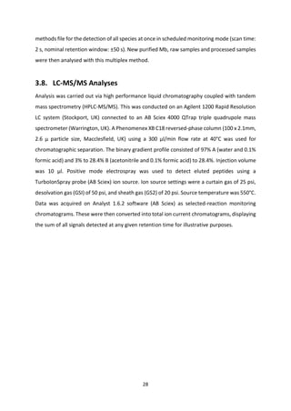 28
methods file for the detection of all species at once in scheduled monitoring mode (scan time:
2 s, nominal retention window: ±50 s). New purified Mb, raw samples and processed samples
were then analysed with this multiplex method.
3.8. LC-MS/MS Analyses
Analysis was carried out via high performance liquid chromatography coupled with tandem
mass spectrometry (HPLC-MS/MS). This was conducted on an Agilent 1200 Rapid Resolution
LC system (Stockport, UK) connected to an AB Sciex 4000 QTrap triple quadrupole mass
spectrometer (Warrington, UK). A Phenomenex XB C18 reversed-phase column (100 x 2.1mm,
2.6 μ particle size, Macclesfield, UK) using a 300 μl/min flow rate at 40°C was used for
chromatographic separation. The binary gradient profile consisted of 97% A (water and 0.1%
formic acid) and 3% to 28.4% B (acetonitrile and 0.1% formic acid) to 28.4%. Injection volume
was 10 μl. Positive mode electrospray was used to detect eluted peptides using a
TurboIonSpray probe (AB Sciex) ion source. Ion source settings were a curtain gas of 25 psi,
desolvation gas (GSI) of 50 psi, and sheath gas (GS2) of 20 psi. Source temperature was 550°C.
Data was acquired on Analyst 1.6.2 software (AB Sciex) as selected-reaction monitoring
chromatograms. These were then converted into total ion current chromatograms, displaying
the sum of all signals detected at any given retention time for illustrative purposes.
 