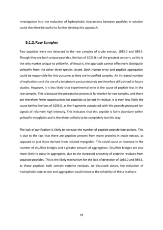 39
Investigation into the reduction of hydrophobic interactions between peptides in solution
could therefore be useful to further develop this approach.
5.1.2.Raw Samples
Two peptides were not detected in the raw samples of crude extract, 1035.0 and 989.5.
Though they are both unique peptides, the loss of 1035.0 is of the greatest concern, as this is
the only marker unique to yellowfin. Without it, the approach cannot effectively distinguish
yellowfin from the other three species tested. Both human error and peptide aggregation
could be responsible for this outcome as they are in purified samples. An increased number
of replications and the use of a denaturant post proteolysis are therefore still advised in future
studies. However, it is less likely that experimental error is the cause of peptide loss in the
raw samples. This is because the preparative process is far shorter for raw samples, and there
are therefore fewer opportunities for peptides to be lost in residue. It is even less likely the
cause behind the loss of 1035.0, as the fragments associated with this peptide produced ion
signals of relatively high intensity. This indicates that this peptide is fairly abundant within
yellowfin myoglobin and is therefore unlikely to be completely lost this way.
The lack of purification is likely to increase the number of peptide-peptide interactions. This
is due to the fact that there are peptides present from many proteins in crude extract, as
opposed to just those derived from isolated myoglobin. This could cause an increase in the
number of disulfide bridges and a greater amount of aggregation. Disulfide bridges are also
more likely to occur in aggregates, due to the increased proximity of cysteine residues from
separate peptides. This is the likely mechanism for the lack of detection of 1035.0 and 989.5,
as these peptides both contain cysteine residues. As discussed above, the reduction of
hydrophobic interaction and aggregation could increase the reliability of these markers.
 