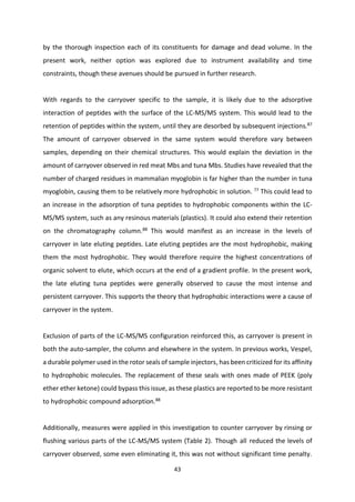 43
by the thorough inspection each of its constituents for damage and dead volume. In the
present work, neither option was explored due to instrument availability and time
constraints, though these avenues should be pursued in further research.
With regards to the carryover specific to the sample, it is likely due to the adsorptive
interaction of peptides with the surface of the LC-MS/MS system. This would lead to the
retention of peptides within the system, until they are desorbed by subsequent injections.87
The amount of carryover observed in the same system would therefore vary between
samples, depending on their chemical structures. This would explain the deviation in the
amount of carryover observed in red meat Mbs and tuna Mbs. Studies have revealed that the
number of charged residues in mammalian myoglobin is far higher than the number in tuna
myoglobin, causing them to be relatively more hydrophobic in solution. 77
This could lead to
an increase in the adsorption of tuna peptides to hydrophobic components within the LC-
MS/MS system, such as any resinous materials (plastics). It could also extend their retention
on the chromatography column.88
This would manifest as an increase in the levels of
carryover in late eluting peptides. Late eluting peptides are the most hydrophobic, making
them the most hydrophobic. They would therefore require the highest concentrations of
organic solvent to elute, which occurs at the end of a gradient profile. In the present work,
the late eluting tuna peptides were generally observed to cause the most intense and
persistent carryover. This supports the theory that hydrophobic interactions were a cause of
carryover in the system.
Exclusion of parts of the LC-MS/MS configuration reinforced this, as carryover is present in
both the auto-sampler, the column and elsewhere in the system. In previous works, Vespel,
a durable polymer used in the rotor seals of sample injectors, has been criticized for its affinity
to hydrophobic molecules. The replacement of these seals with ones made of PEEK (poly
ether ether ketone) could bypass this issue, as these plastics are reported to be more resistant
to hydrophobic compound adsorption.88
Additionally, measures were applied in this investigation to counter carryover by rinsing or
flushing various parts of the LC-MS/MS system (Table 2).85 Though87 all89 reduced the levels of
carryover observed, some even eliminating it, this was not without significant time penalty.
 