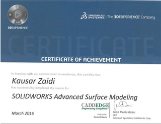 Solid Works Surface Modeling Certificate
