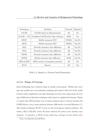 4.1 Review and Analysis of Background Technology
Techniques Attribute Network Handset
Cell ID Cell ID based on Measurements All No
Cell ID + TA Combines Cell ID with Time Advance GSM No
EFLT Mobile measures FLT CDMA Yes/No
AFLT Mobile measures FLT CDMA Yes/No
AOA Network measures time diﬀerence All Yes/No
TOA Network measures time diﬀerence All Yes/No
TDOA Network measures time diﬀerence All Yes/No
EOTD Mobile measures time diﬀerence GSM Yes/No
GPS/A-GPS GPS receivers in handsets/network All Yes
Wi-Fi Beacon All Yes
Table 4.1: Handset or Network based Dependence
4.1.1.2 Range of Coverage
Each Technology has a limited range in mobile environment. Within the cover-
age area mobile user can seamlessly roaming and connect with rest of the world.
Context-aware application can take advantage to locate user using range of cover-
age of diﬀerent localization techniques with respect to application domain. Figure
4.1 shows that GPS provides very accurate position (up to 5 meter) whether the
CellID deliver a very coarse position between 1000 meter to several kilometer (1).
The another technique Wi-Fi1
is vary on the environment (indoor/outdoor). For
indoor, 802.11 WLANs covers 30 meter whereas 95 meter is for outdoor envi-
ronment. In practice, a Wi-Fi access point has coverage of tens meters (26).
1
http://en.wikipedia.org/wiki/Wi-Fi
25
 