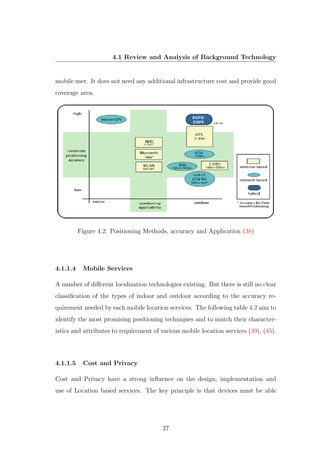 4.1 Review and Analysis of Background Technology
mobile user. It does not need any additional infrastructure cost and provide good
coverage area.
Figure 4.2: Positioning Methods, accuracy and Application (38)
4.1.1.4 Mobile Services
A number of diﬀerent localization technologies existing. But there is still no clear
classiﬁcation of the types of indoor and outdoor according to the accuracy re-
quirement needed by each mobile location services. The following table 4.2 aim to
identify the most promising positioning techniques and to match their character-
istics and attributes to requirement of various mobile location services (39), (45).
4.1.1.5 Cost and Privacy
Cost and Privacy have a strong inﬂuence on the design, implementation and
use of Location based services. The key principle is that devices must be able
27
 