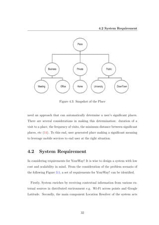 4.2 System Requirement
Figure 4.3: Snapshot of the Place
need an approach that can automatically determine a user’s signiﬁcant places.
There are several considerations in making this determination: duration of a
visit to a place, the frequency of visits, the minimum distance between signiﬁcant
places, etc (14). To this end, user generated place making a signiﬁcant meaning
to leverage mobile services to end user at the right situation.
4.2 System Requirement
In considering requirements for YourWay! It is wise to design a system with low
cost and scalability in mind. From the consideration of the problem scenario of
the following Figure 3.1, a set of requirements for YourWay! can be identiﬁed.
Firstly, System enriches by receiving contextual information from various ex-
ternal sources in distributed environment e.g. Wi-Fi access points and Google
Latitude. Secondly, the main component Location Resolver of the system acts
32
 
