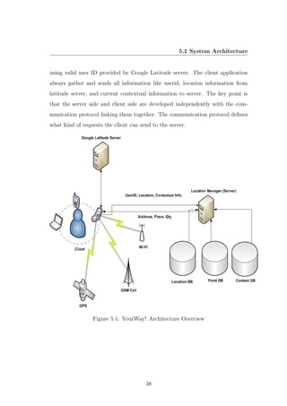 5.1 System Architecture
using valid user ID provided by Google Latitude server. The client application
always gather and sends all information like userid, location information from
latitude server, and current contextual information to server. The key point is
that the server side and client side are developed independently with the com-
munication protocol linking them together. The communication protocol deﬁnes
what kind of requests the client can send to the server.
Figure 5.1: YourWay! Architecture Overview
38
 
