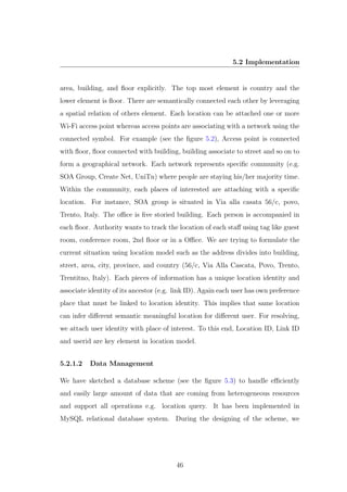 5.2 Implementation
area, building, and ﬂoor explicitly. The top most element is country and the
lower element is ﬂoor. There are semantically connected each other by leveraging
a spatial relation of others element. Each location can be attached one or more
Wi-Fi access point whereas access points are associating with a network using the
connected symbol. For example (see the ﬁgure 5.2), Access point is connected
with ﬂoor, ﬂoor connected with building, building associate to street and so on to
form a geographical network. Each network represents speciﬁc community (e.g.
SOA Group, Create Net, UniTn) where people are staying his/her majority time.
Within the community, each places of interested are attaching with a speciﬁc
location. For instance, SOA group is situated in Via alla casata 56/c, povo,
Trento, Italy. The oﬃce is ﬁve storied building. Each person is accompanied in
each ﬂoor. Authority wants to track the location of each staﬀ using tag like guest
room, conference room, 2nd ﬂoor or in a Oﬃce. We are trying to formulate the
current situation using location model such as the address divides into building,
street, area, city, province, and country (56/c, Via Alla Cascata, Povo, Trento,
Trentitno, Italy). Each pieces of information has a unique location identity and
associate identity of its ancestor (e.g. link ID). Again each user has own preference
place that must be linked to location identity. This implies that same location
can infer diﬀerent semantic meaningful location for diﬀerent user. For resolving,
we attach user identity with place of interest. To this end, Location ID, Link ID
and userid are key element in location model.
5.2.1.2 Data Management
We have sketched a database scheme (see the ﬁgure 5.3) to handle eﬃciently
and easily large amount of data that are coming from heterogeneous resources
and support all operations e.g. location query. It has been implemented in
MySQL relational database system. During the designing of the scheme, we
46
 
