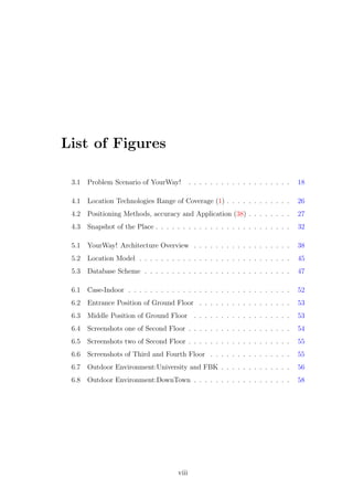 List of Figures
3.1 Problem Scenario of YourWay! . . . . . . . . . . . . . . . . . . . 18
4.1 Location Technologies Range of Coverage (1) . . . . . . . . . . . . 26
4.2 Positioning Methods, accuracy and Application (38) . . . . . . . . 27
4.3 Snapshot of the Place . . . . . . . . . . . . . . . . . . . . . . . . . 32
5.1 YourWay! Architecture Overview . . . . . . . . . . . . . . . . . . 38
5.2 Location Model . . . . . . . . . . . . . . . . . . . . . . . . . . . . 45
5.3 Database Scheme . . . . . . . . . . . . . . . . . . . . . . . . . . . 47
6.1 Case-Indoor . . . . . . . . . . . . . . . . . . . . . . . . . . . . . . 52
6.2 Entrance Position of Ground Floor . . . . . . . . . . . . . . . . . 53
6.3 Middle Position of Ground Floor . . . . . . . . . . . . . . . . . . 53
6.4 Screenshots one of Second Floor . . . . . . . . . . . . . . . . . . . 54
6.5 Screenshots two of Second Floor . . . . . . . . . . . . . . . . . . . 55
6.6 Screenshots of Third and Fourth Floor . . . . . . . . . . . . . . . 55
6.7 Outdoor Environment:University and FBK . . . . . . . . . . . . . 56
6.8 Outdoor Environment:DownTown . . . . . . . . . . . . . . . . . . 58
viii
 