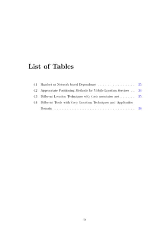 List of Tables
4.1 Handset or Network based Dependence . . . . . . . . . . . . . . . 25
4.2 Appropriate Positioning Methods for Mobile Location Services . . 34
4.3 Diﬀerent Location Techniques with their associates cost . . . . . . 35
4.4 Diﬀerent Tools with their Location Techniques and Application
Domain . . . . . . . . . . . . . . . . . . . . . . . . . . . . . . . . 36
ix
 