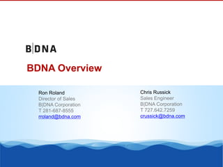BDNA Overview
Chris Russick
Sales Engineer
B|DNA Corporation
T 727.642.7259
crussick@bdna.com
Ron Roland
Director of Sales
B|DNA Corporation
T 281-687-8555
rroland@bdna.com
 