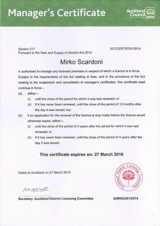 Manager's certificate