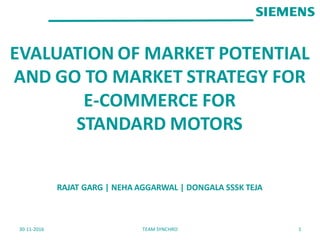 EVALUATION OF MARKET POTENTIAL
AND GO TO MARKET STRATEGY FOR
E-COMMERCE FOR
STANDARD MOTORS
RAJAT GARG | NEHA AGGARWAL | DONGALA SSSK TEJA
TEAM SYNCHRO30-11-2016 1
 