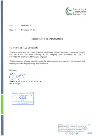 CCE EMPLOYMENT CERTIFICATE