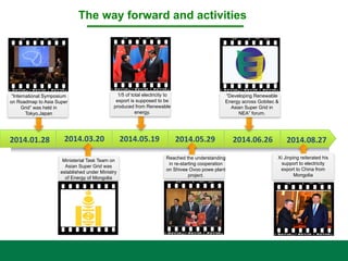 2014.03.20	
  
Ministerial Task Team on
Asian Super Grid was
established under Ministry
of Energy of Mongolia
2014.01.28	
  
“International Symposium
on Roadmap to Asia Super
Grid” was held in
Tokyo,Japan
The way forward and activities
2014.05.19	
  
1/5 of total electricity to
export is supposed to be
produced from Renewable
energy.
2014.05.29	
  
Reached the understanding
in re-starting cooperation
on Shivee Ovoo powe plant
project.
2014.06.26	
  
“Developing Renewable
Energy across Gobitec &
Asian Super Grid in
NEA” forum.
Xi Jinping reiterated his
support to electricity
export to China from
Mongolia
2014.08.27	
  
 