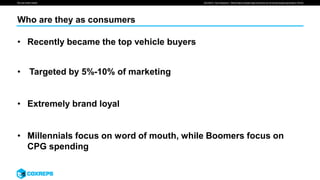 We are smart media
Who are they as consumers
SOURCE: Pew Research, “Millennials overtake baby Boomers as Americas largest generation”(2016)
• Recently became the top vehicle buyers
• Targeted by 5%-10% of marketing
• Extremely brand loyal
• Millennials focus on word of mouth, while Boomers focus on
CPG spending
 