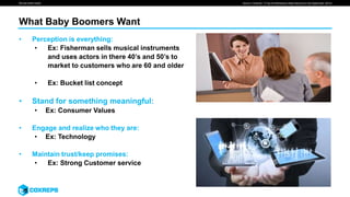 We are smart media
What Baby Boomers Want
Source: Contently, “4 Tips for Marketing to Baby Boomers in the Digital Age” (2014)
• Perception is everything:
• Ex: Fisherman sells musical instruments
and uses actors in there 40’s and 50’s to
market to customers who are 60 and older
• Ex: Bucket list concept
• Stand for something meaningful:
• Ex: Consumer Values
• Engage and realize who they are:
• Ex: Technology
• Maintain trust/keep promises:
• Ex: Strong Customer service
 