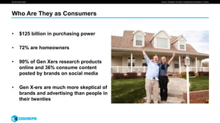We are smart media
Who Are They as Consumers
• $125 billion in purchasing power
• 72% are homeowners
• 90% of Gen Xers research products
online and 36% consume content
posted by brands on social media
• Gen X-ers are much more skeptical of
brands and advertising than people in
their twenties
Source: ITBusiness "The ABC’s of Marketing to Generation X." (2016)
 