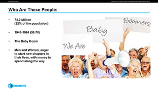 We are smart media
Who Are These People:
• 74.9 Million
(25% of the population)
• 1946-1964 (52-70)
• The Baby Boom
• Men and Women, eager
to start new chapters in
their lives, with money to
spend along the way
SOURCE: The Futures Company, “Demographic trends, Baby Boomers” (2016)
 