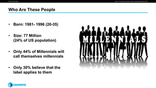 We are smart media
Who Are These People
Source: The Futures Company, "Monitor Download: Millennial" (2016)
• Born: 1981- 1996 (20-35)
• Size: 77 Million
(24% of US population)
• Only 44% of Millennials will
call themselves millennials
• Only 30% believe that the
label applies to them
 