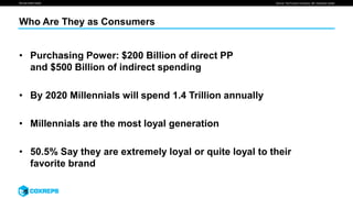 We are smart media
Who Are They as Consumers
Source: The Future’s Company, INC, Business Insider
• Purchasing Power: $200 Billion of direct PP
and $500 Billion of indirect spending
• By 2020 Millennials will spend 1.4 Trillion annually
• Millennials are the most loyal generation
• 50.5% Say they are extremely loyal or quite loyal to their
favorite brand
 