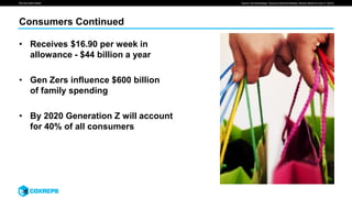 We are smart media
Consumers Continued
• Receives $16.90 per week in
allowance - $44 billion a year
• Gen Zers influence $600 billion
of family spending
• By 2020 Generation Z will account
for 40% of all consumers
Source: AdvertisingAge, “Stung by Millennial Misses, Brands Retool for Gen Z” (2015)
 