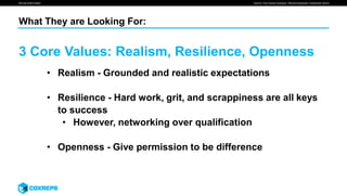 We are smart media
What They are Looking For:
Source: The Futures Company, "Monitor Download: Centennial" (2016)
• Realism - Grounded and realistic expectations
• Resilience - Hard work, grit, and scrappiness are all keys
to success
• However, networking over qualification
• Openness - Give permission to be difference
3 Core Values: Realism, Resilience, Openness
 