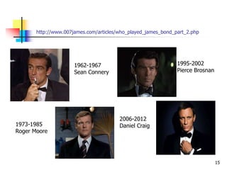 http://www.007james.com/articles/who_played_james_bond_part_2.php
15
1962-1967
Sean Connery
1995-2002
Pierce Brosnan
1973-1985
Roger Moore
2006-2012
Daniel Craig
 