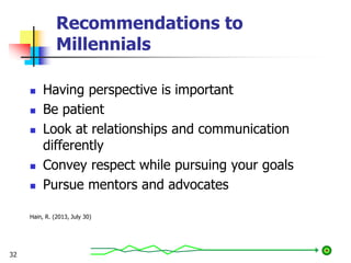 Recommendations to
Millennials
 Having perspective is important
 Be patient
 Look at relationships and communication
differently
 Convey respect while pursuing your goals
 Pursue mentors and advocates
Hain, R. (2013, July 30)
32
 