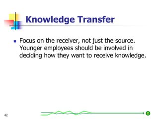 Knowledge Transfer
 Focus on the receiver, not just the source.
Younger employees should be involved in
deciding how they want to receive knowledge.
42
 