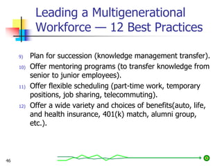 Leading a Multigenerational
Workforce — 12 Best Practices
9) Plan for succession (knowledge management transfer).
10) Offer mentoring programs (to transfer knowledge from
senior to junior employees).
11) Offer flexible scheduling (part-time work, temporary
positions, job sharing, telecommuting).
12) Offer a wide variety and choices of benefits(auto, life,
and health insurance, 401(k) match, alumni group,
etc.).
46
 