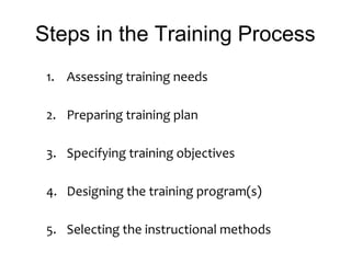 Steps in the Training Process
1. Assessing training needs
2. Preparing training plan
3. Specifying training objectives
4. ...