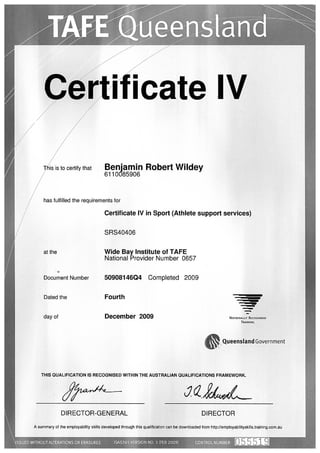 Certificate IV in Sport (Athlete support services) SRS40406 TAFE Dec 2009
