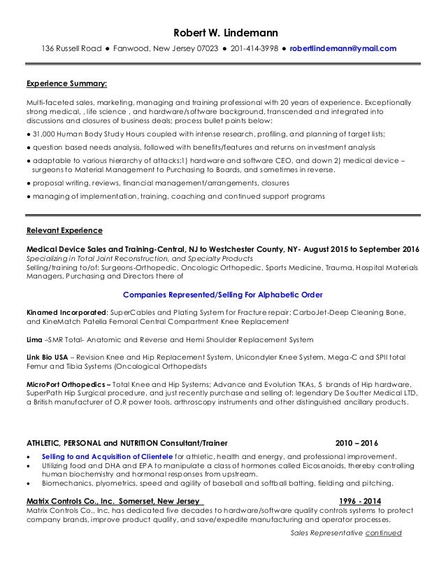 robert w lindemann medical sales and management cv medical sales company