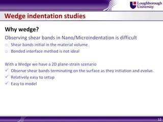 Wedge indentation studies
Why wedge?
Observing shear bands in Nano/Microindentation is difficult
o Shear bands initial in the material volume
o Bonded interface method is not ideal
With a Wedge we have a 2D plane-strain scenario
 Observe shear bands terminating on the surface as they initiation and evolve.
 Relatively easy to setup
 Easy to model
12
 