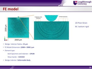 28
• Wedge Indenter Radius: 21 μm
• FE Model Dimension: (2000 × 2000 ) µm
• Element type:
Bulk Specimen and indenter – CPE4R
Shear bands – COH2D4
• Wedge Indenter: Deformable Body
FE model
2D Plain Strain
BC: bottom rigid
 