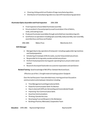  Cleaning,kittingandkitverificationof large manufacturingorders
 Distributionof manufacturingorderstoa twoshiftmanufacturingoperation
IlluminatorOptics Assemblerand Final Inspection 2006-2008
 Final inspectionof assembledilluminatorassembly
 Ensure productis focusedproperlyaswell aswindow isfree of debris,
voids,andcoatingissues
 Producedilluminatorassembliesthroughcontrolledleanmanufacturingcells
 Certifiedonsix operationsincludingopticassembly,bodyassembly,laserassembly,
assemblyfocusandfocusverification
1992-2005 Makos Pizza Manchester,N.H.
Shift Manager
 Managed dayto day operationof restaurant includingsupplyorderinginventory
and foodpreparation
 Schedulingof employee shiftsforcooks,counterhelpanddeliverydrivers
 Responsible forhiringcooks,counteranddeliverydrivers
 Performfoodpreparationduringpeek operatinghours,ensure orderswere
correct
 Reconcile discrepantfoodorderstocustomerexpectationandsatisfaction
RelatedTraining Good knowledgeof MS Office-Outlook-WordandExcel,
Effective use of the L-3Insightmaterial trackingsystem-Costpoint
Overthe lastfewyearsI have attendedmany trainingseminarsfocusedon
communicationandemployee interactionincluding:
 Time ManagementandOrganizational Skills
 Powerful CommunicationSkills forWomen
 How to deal withDifficult,DemandingandInconsideratePeople
 Improving YourCommunicationSkills
 Assertive Communications
 Thinking Outside the Lines
 DevelopingTrustandRespectinthe Workplace
 BuildingaPositive,Motivated,Cooperative Team
Education 1978-1981 RaymondHighSchool Raymond,NH
 
