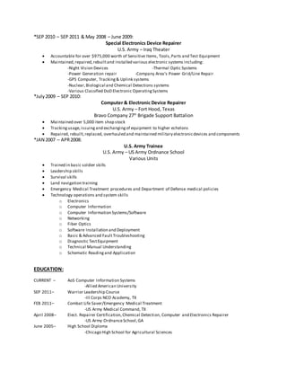 *SEP 2010 – SEP 2011 & May 2008 – June 2009:
Special Electronics Device Repairer
U.S. Army – Iraq Theater
 Accountable for over $975,000 worth of Sensitive Items, Tools,Parts and Test Equipment
 Maintained,repaired,rebuiltand installed various electronic systems including:
-Night Vision Devices -Thermal Optic Systems
-Power Generation repair -Company Area’s Power Grid/Line Repair
-GPS Computer, Tracking& Uplink systems
-Nuclear,Biological and Chemical Detections systems
-Various Classified DoD Electronic OperatingSystems
*July2009 – SEP 2010:
Computer & Electronic Device Repairer
U.S. Army – Fort Hood, Texas
Bravo Company 27th
Brigade Support Battalion
 Maintained over 5,000 item shop stock
 Trackingusage,issuingand exchangingof equipment to higher echelons
 Repaired, rebuilt,replaced, overhauled and maintained military electronicdevices and components
*JAN 2007 – APR2008:
U.S. Army Trainee
U.S. Army – US Army Ordnance School
Various Units
 Trained in basic soldier skills
 Leadership skills
 Survival skills
 Land navigation training
 Emergency Medical Treatment procedures and Department of Defense medical policies
 Technology operations and system skills
o Electronics
o Computer Information
o Computer Information Systems/Software
o Networking
o Fiber Optics
o Software Installation and Deployment
o Basic & Advanced Fault Troubleshooting
o Diagnostic TestEquipment
o Technical Manual Understanding
o Schematic Readingand Application
EDUCATION:
CURRENT – AoS Computer Information Systems
-Allied American University
SEP 2011– Warrior Leadership Course
-III Corps NCO Academy, TX
FEB 2011– Combat Life Saver/Emergency Medical Treatment
-US Army Medical Command, TX
April 2008– Elect. Repairer Certification,Chemical Detection, Computer and Electronics Repairer
-US Army OrdnanceSchool,GA
June 2005– High School Diploma
-Chicago High School for Agricultural Sciences
 