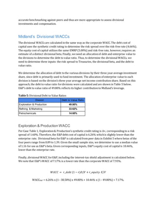 accurate benchmarking against peers and thus are more appropriate to assess divisional
investments and compensation.
Midland’s Divisional WACCs
The divisional WACCs are calculated in the same way as the corporate WACC. The debt cost of
capital uses the synthetic credit rating to determine the risk spread over the risk-free rate (4.66%).
The equity cost of capital utilizes the same EMRP (5.00%) and risk-free rate, however,requires an
estimate of a distinct divisional beta. Finally, we need an allocationof debt and enterprise value to
the divisions to determine the debt to value ratio. Thus, to determine the divisional WACCs, we
need to determine three inputs: the risk spread to Treasuries, the divisional beta, and the debt to
value ratio.
We determine the allocation of debt tothe various divisions by their three year average investment
share, since debt is primarily used to fund investment. The allocation of enterprise value to each
division is based on the division’s three year average net income contribution share. Based on this
approach, the debt to value ratio fordivisions were calculated and are shown in Table 5 below.
E&P’s debt to value ratio of 49.80% reflects its higher contribution to Midland’s leverage.
Table5:Divisional Debt to Value Ratios
Division Debt to Value Ratio
Exploration & Production 49.80%
Refining & Marketing 33.62%
Petrochemicals 14.60%
Exploration & Production WACC
Per Case Table 1, Exploration& Production’s synthetic credit rating is A+, corresponding to a risk
spread of 1.60%. Therefore, the E&P debt cost of capital is 6.26% whichis slightly lower than the
enterprise rate. Divisional beta forE&P is calculated from peer data in Exhibit 5 where betas of the
four peers range from 0.89 to 1.39. Given the small sample size, we determine to use a median value
of 1.16 for use as E&P’s beta. Given corresponding inputs, E&P’s equity cost of capital is 10.46%,
lower than the enterprise rate.
Finally, divisional WACC forE&P,including the interest-tax shield adjustment is calculated below.
We note that E&P’sWACC of 7.17% is a lowerrate than the corporate WACC of 7.93%.
𝑊𝐴𝐶𝐶 = 𝑟_𝑑𝑒𝑏𝑡 (1 − 𝜏)𝐷/𝑉 + 𝑟_𝑒𝑞𝑢𝑖𝑡𝑦 𝐸/𝑉
WACCE&P = 6.26% x (1 - 38.58%) x 49.80% + 10.46% x (1 - 49.80%) = 7.17%.
 