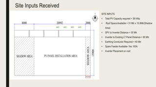 Site Inputs Received
SITE INPUTS
• Total PV Capacity required = 36 kWp
• Roof Space Available = 31 Mtr x 15.9Mtr(Shadow
Area)
• SPV to Inverter Distance = 30 Mtr
• Inverter to Existing LT Panel Distance = 80 Mtr.
• Earthing Conductor Required = 40 Mtr
• Spare Feeder Available- Yes 100A
• Inverter Placement on roof.
 