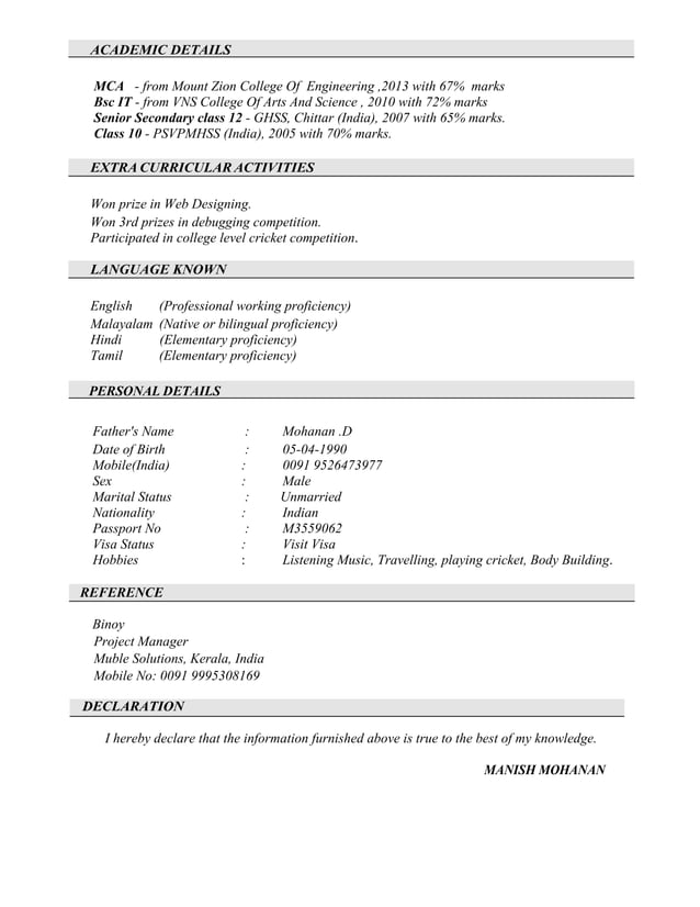 Resume Manish Mohanan | PDF