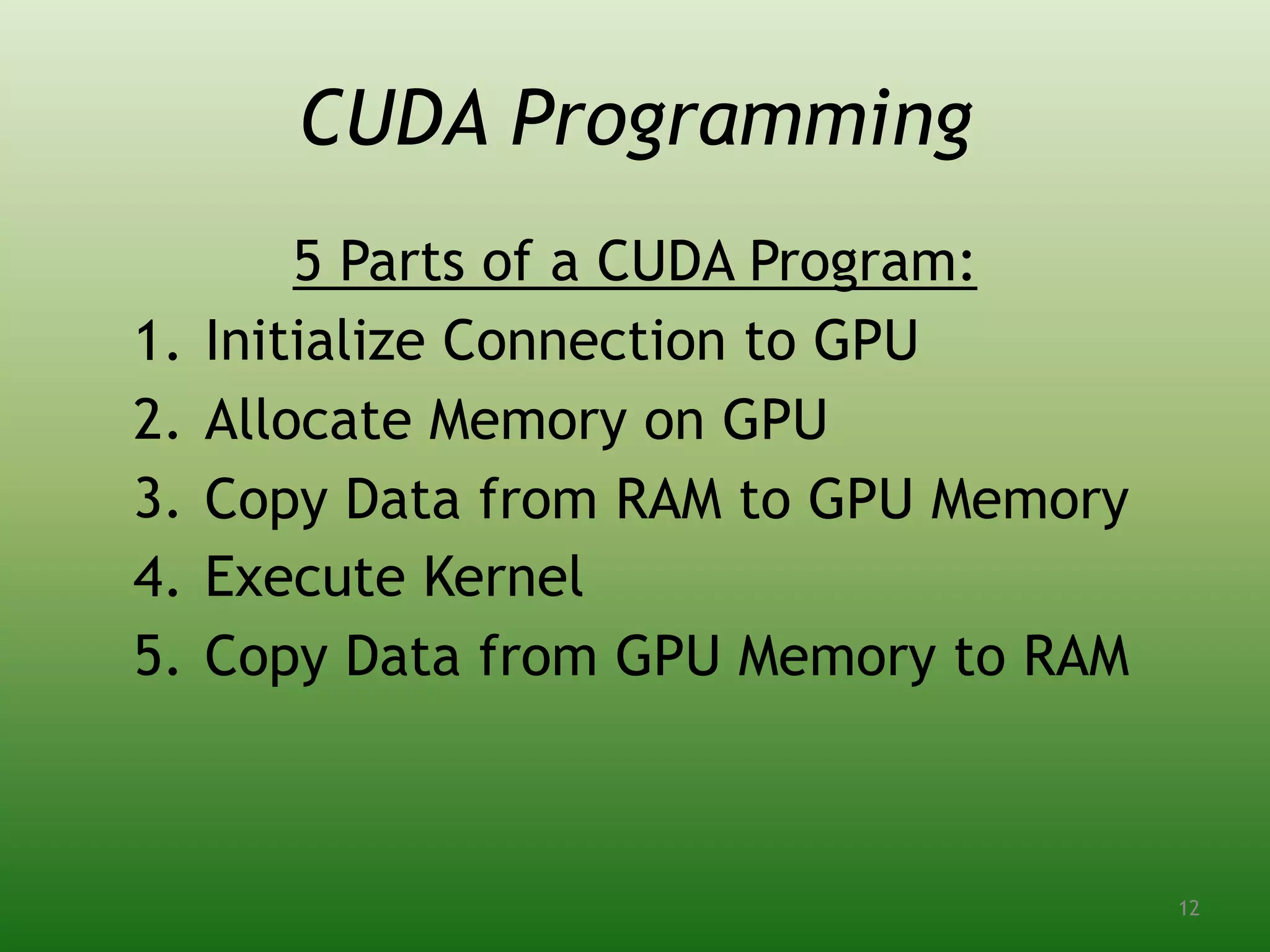 CUDA Programming
5 Parts of a CUDA Program:
1. Initialize Connection to GPU
2. Allocate Memory on GPU
3. Copy Data from RAM to GPU Memory
4. Execute Kernel
5. Copy Data from GPU Memory to RAM
12
 
