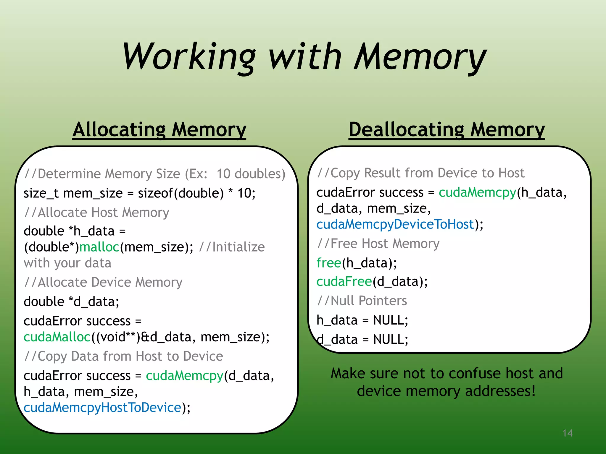 Working with Memory
Allocating Memory
//Determine Memory Size (Ex: 10 doubles)
size_t mem_size = sizeof(double) * 10;
//Allocate Host Memory
double *h_data =
(double*)malloc(mem_size); //Initialize
with your data
//Allocate Device Memory
double *d_data;
cudaError success =
cudaMalloc((void**)&d_data, mem_size);
//Copy Data from Host to Device
cudaError success = cudaMemcpy(d_data,
h_data, mem_size,
cudaMemcpyHostToDevice);
Deallocating Memory
//Copy Result from Device to Host
cudaError success = cudaMemcpy(h_data,
d_data, mem_size,
cudaMemcpyDeviceToHost);
//Free Host Memory
free(h_data);
cudaFree(d_data);
//Null Pointers
h_data = NULL;
d_data = NULL;
Make sure not to confuse host and
device memory addresses!
14
 