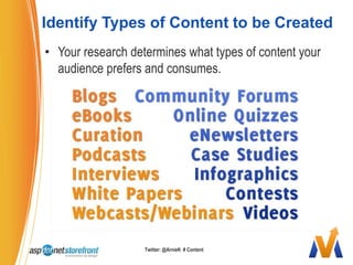 Identify Types of Content to be CreatedYour research determines what types of content your audience prefers and consumes.Twitter: @ArnieK  # Content