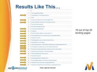 #4 Must Optimize Your ContentContent is found through social media and search engines – so optimize it!Web pages, News, Local, Images & VideosLinks pointing to your contentTitles & title tags (viewed in results)Description meta tag (viewed in results)Image alt text tags H1 Tag (headline tag – only one!)URL structure (short & include KW’s)Page load timesTwitter: @ArnieK  # Content